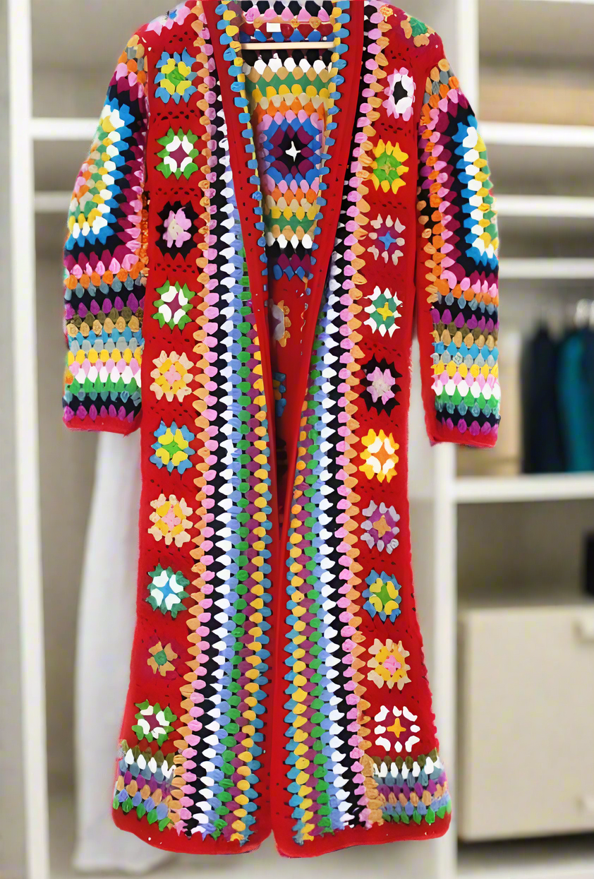 Colorful Boho Crochet Long Multi Squared Duster