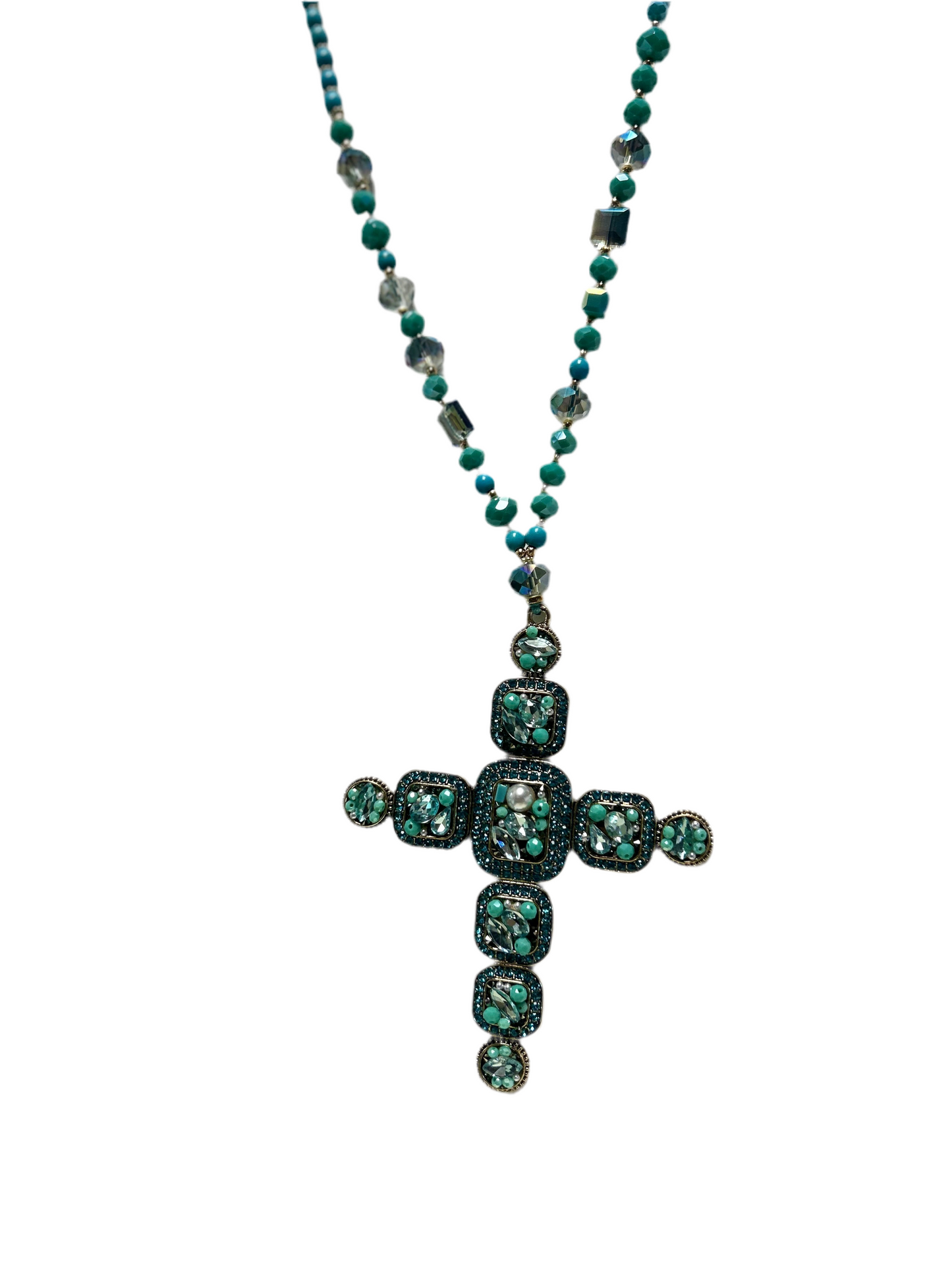 XTRA LONG BEADED BLING CROSS NECKLACE #4662