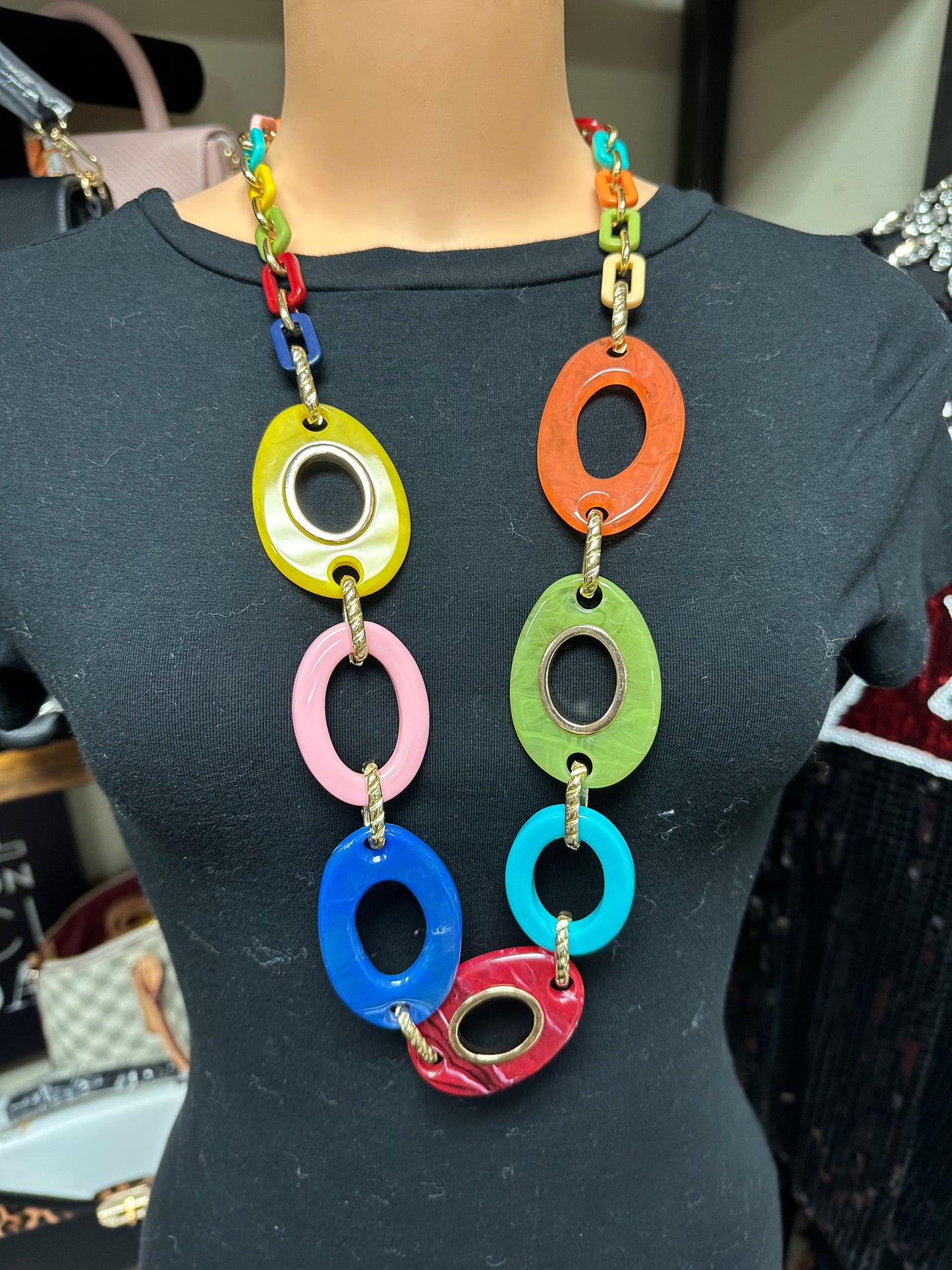 Multi Round Link Necklace & Orange Scarf Bundle