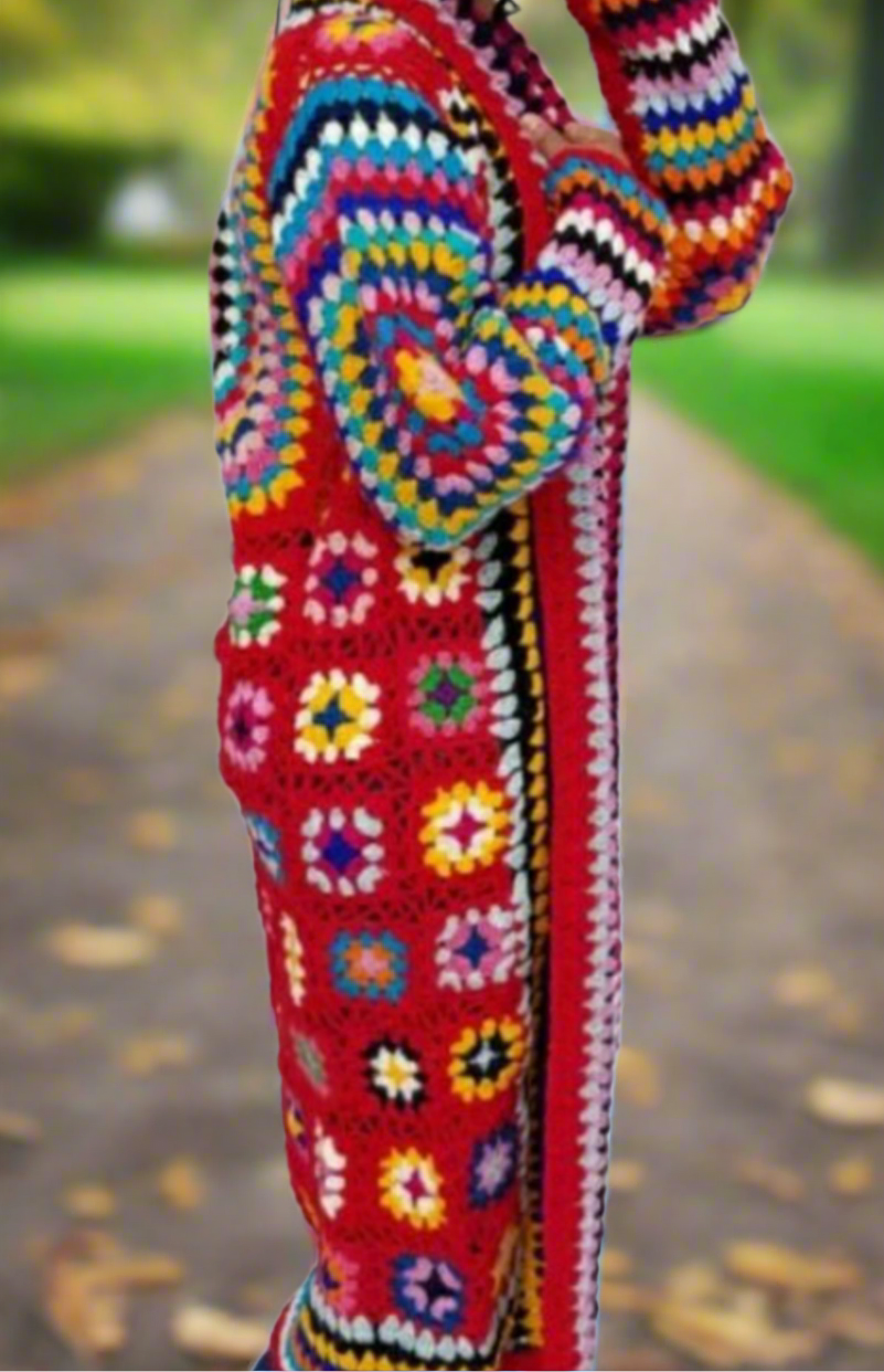Colorful Boho Crochet Long Multi Squared Duster