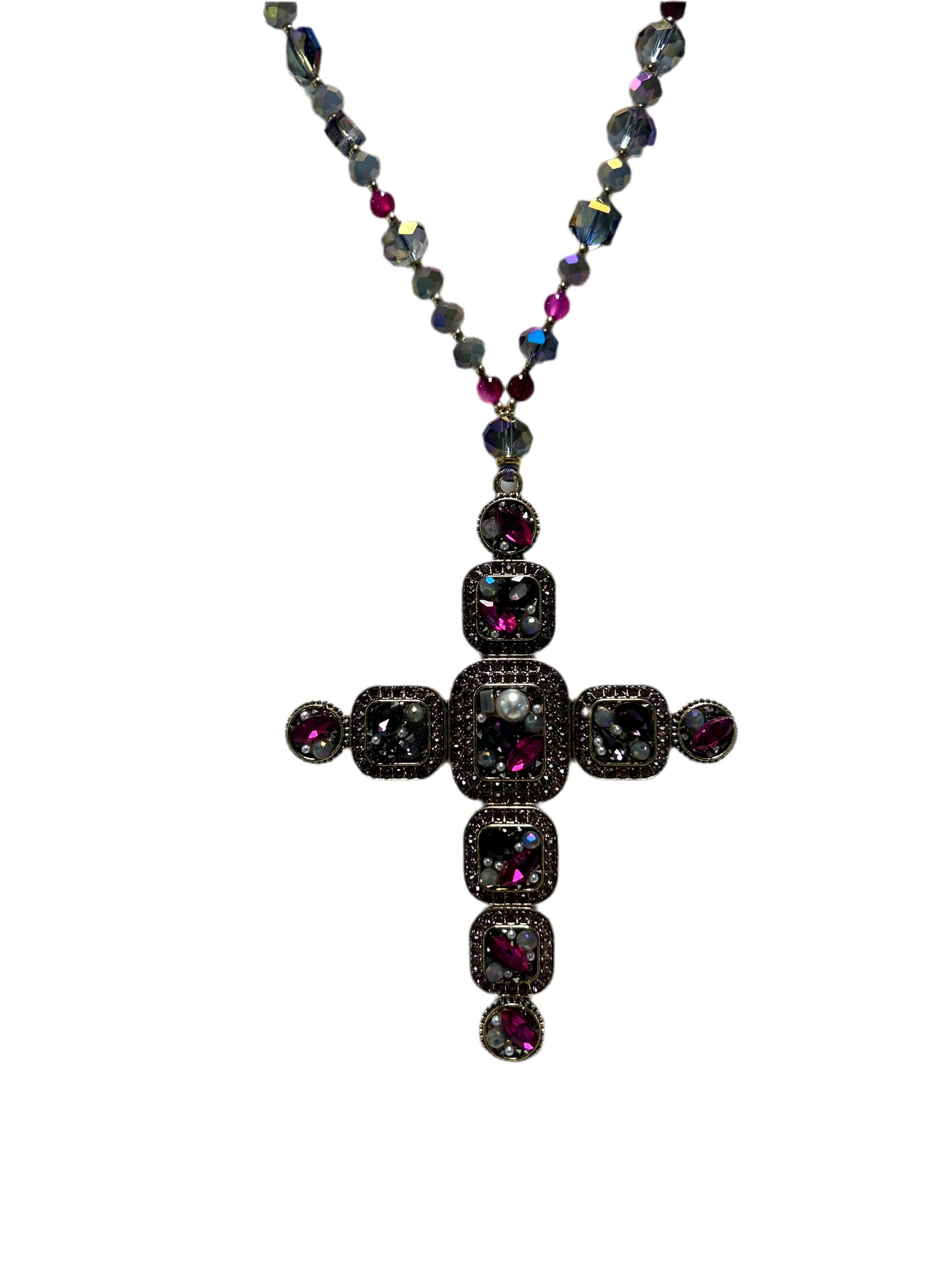 XTRA LONG BEADED BLING CROSS NECKLACE #4662