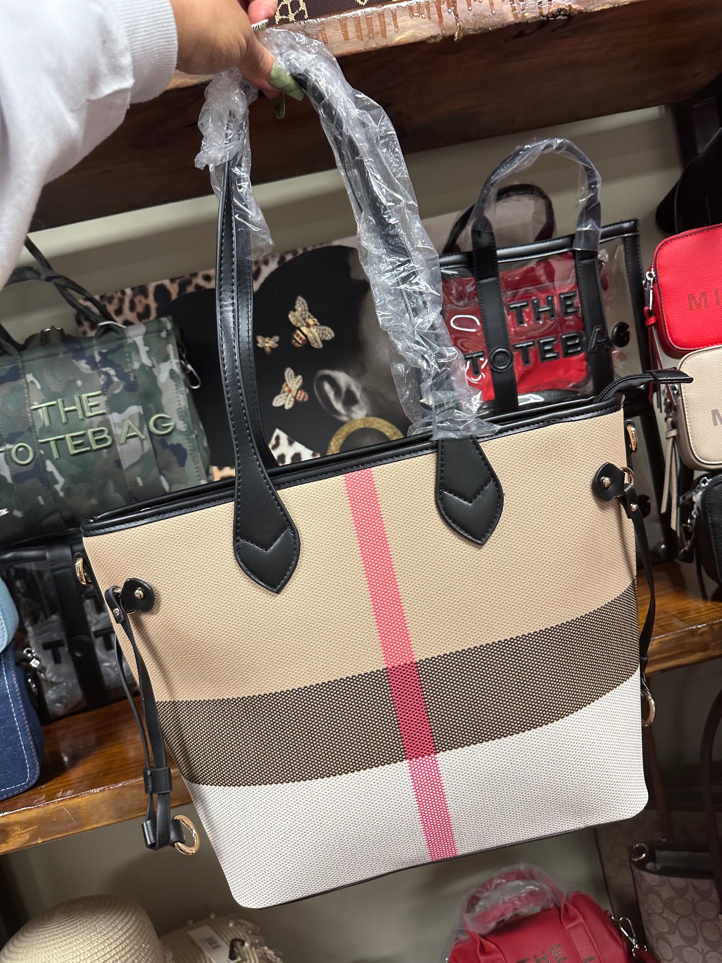 PLAID NF TOTE w/ wallet - LARGE