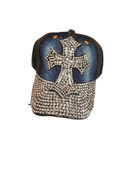 Cross Bling Distressed Denim Cap