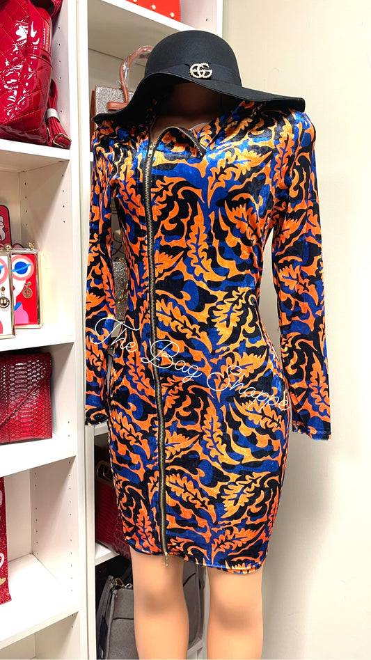 Orange Blue Suede Zipper Dress