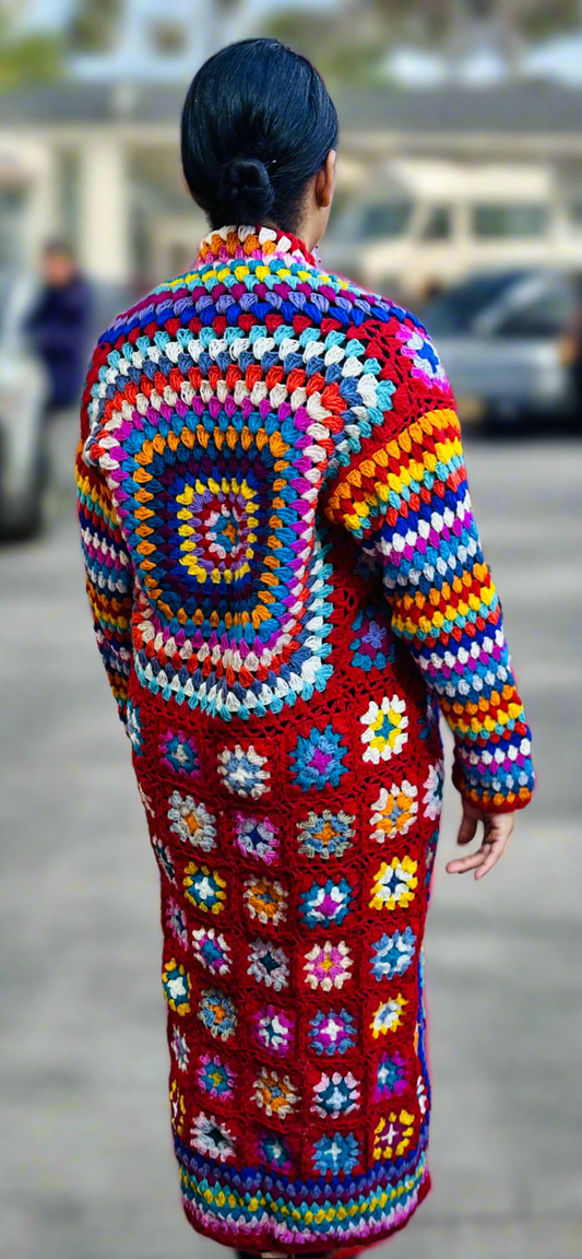 Colorful Boho Crochet Long Multi Squared Duster
