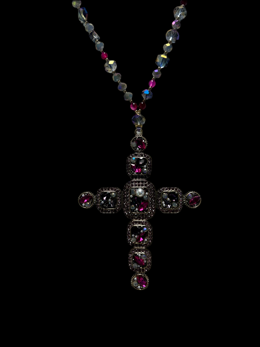 XTRA LONG BEADED BLING CROSS NECKLACE #4662