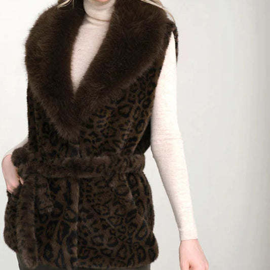 FAUX FUR CHOCOLATE LEOPARD VEST W/ BELT