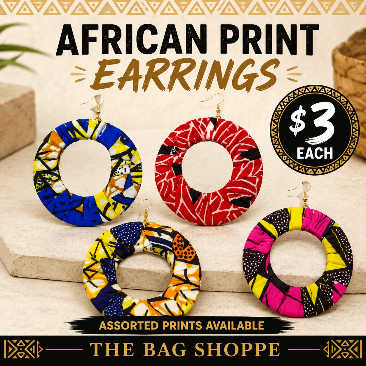 African Print Earrings x5 pcs Assorted Shapes and Colors