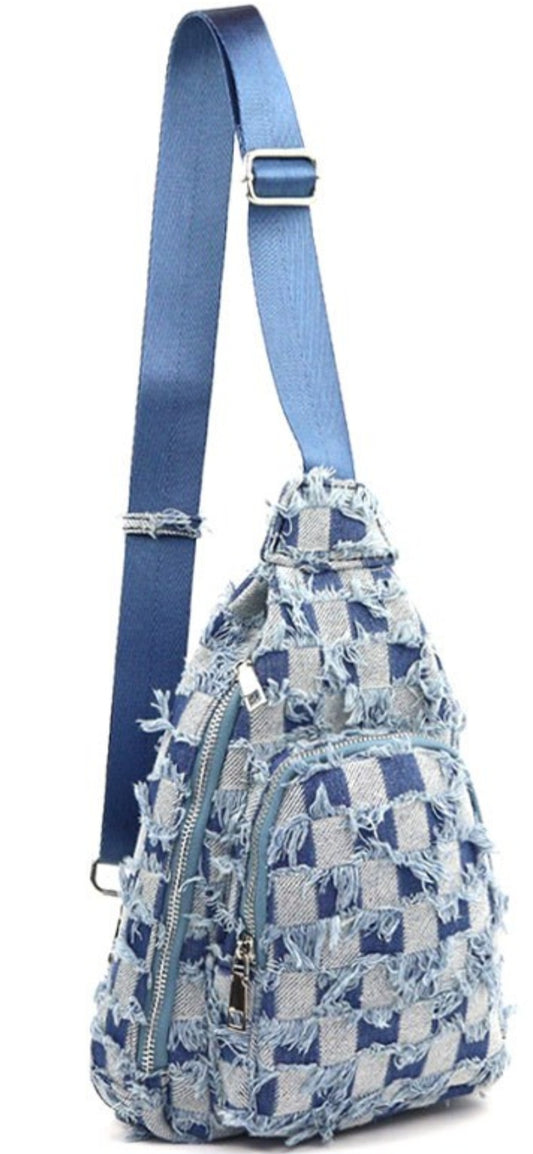 Denim Fringe Sling Bag - Square Design