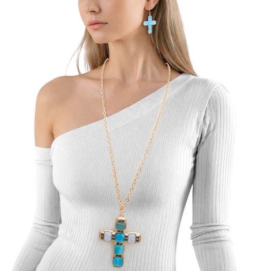 Pendant Blue Cross Long Gold Chain Necklace