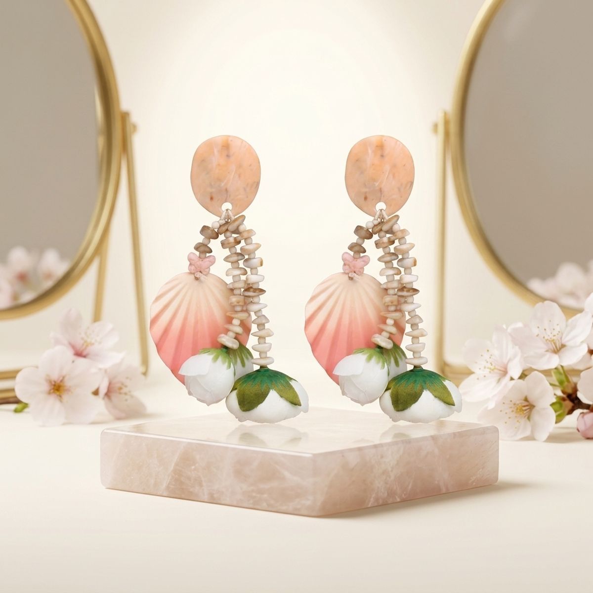 Beige Oversized Enchanted Floral Drop Earrings