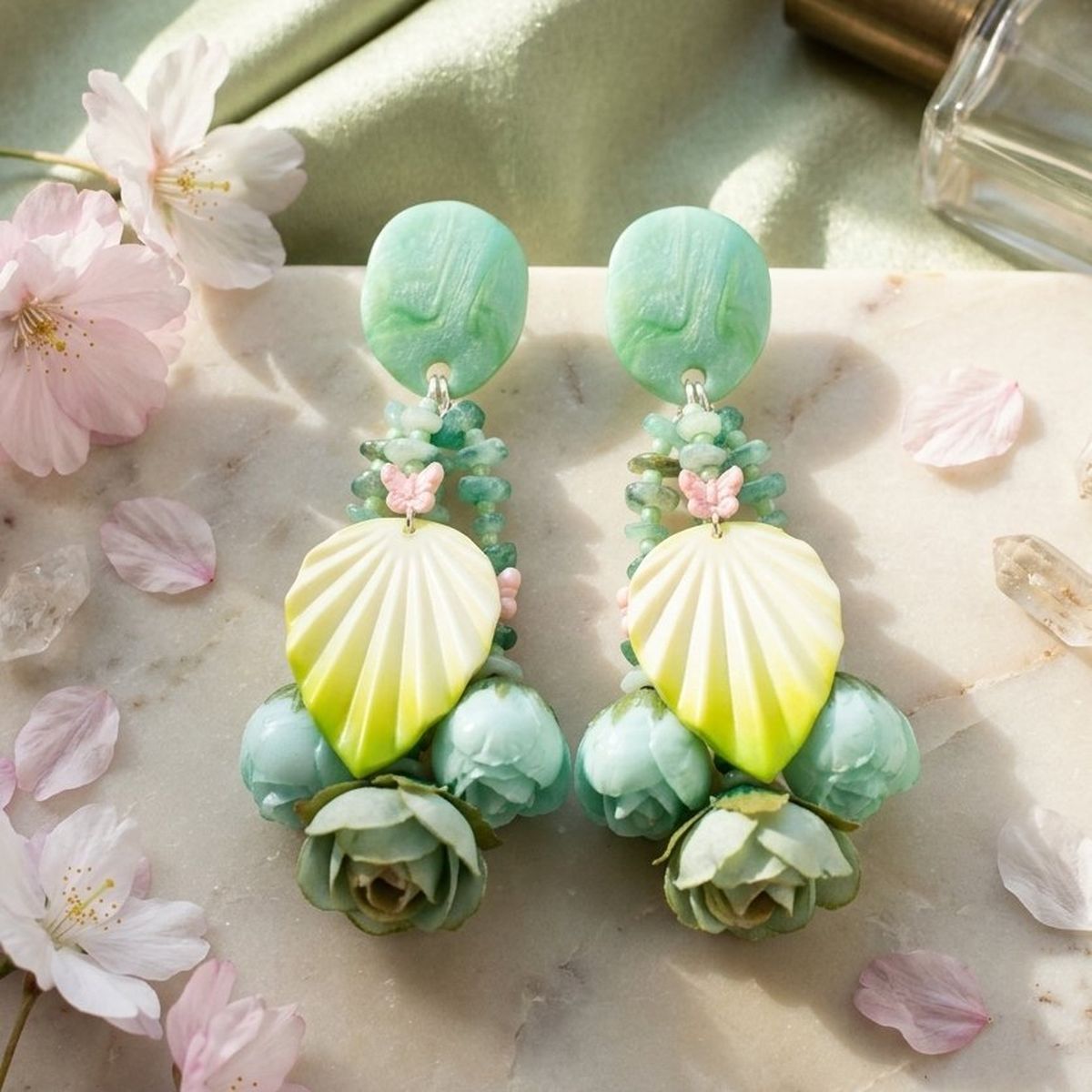 Green Oversized Enchanted Floral Drop Earrings
