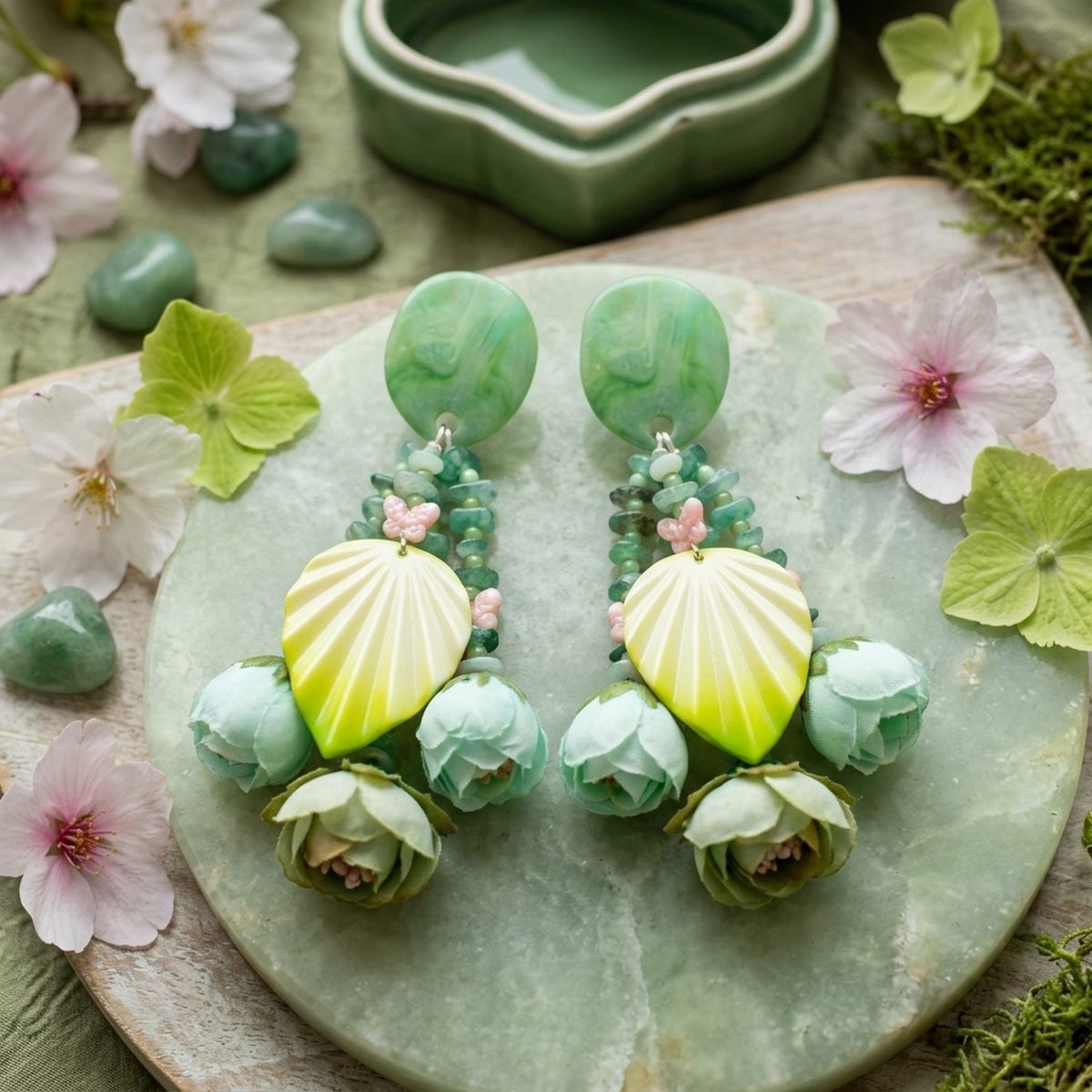 Green Oversized Enchanted Floral Drop Earrings
