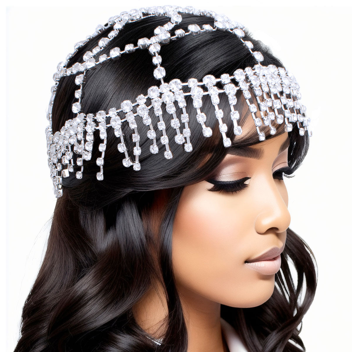 Rhinestone Bridal Headpiece Silver Fringe Women