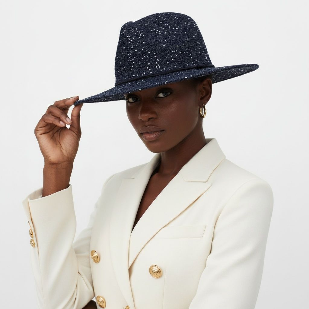 Cowboy Hat Navy Blue Sequin Embroidery Panama Hat
