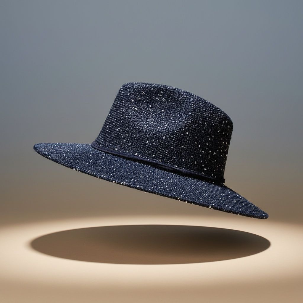 Cowboy Hat Navy Blue Sequin Embroidery Panama Hat