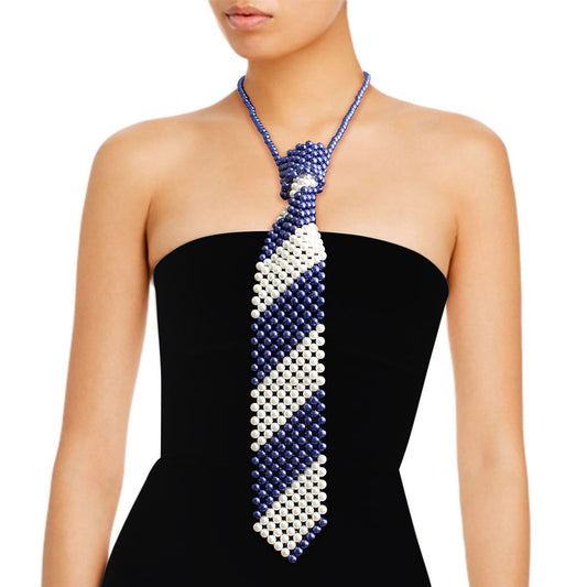 Zeta Blue White Pearl Stripe Tie Choker