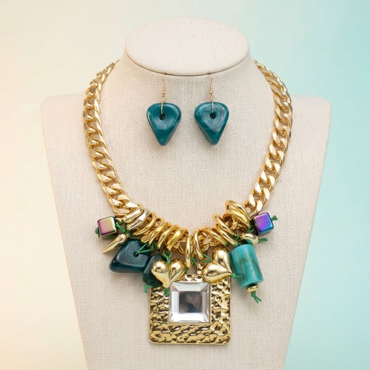Square Pendant Gold DC Chain Turquoise Necklace