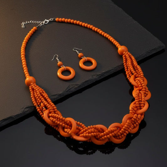 Long Orange Wood Bead Earthy Energy Necklace