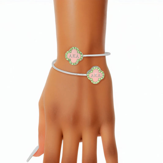 AKA Sorority Rhinestone Pink Clover Open Bangle