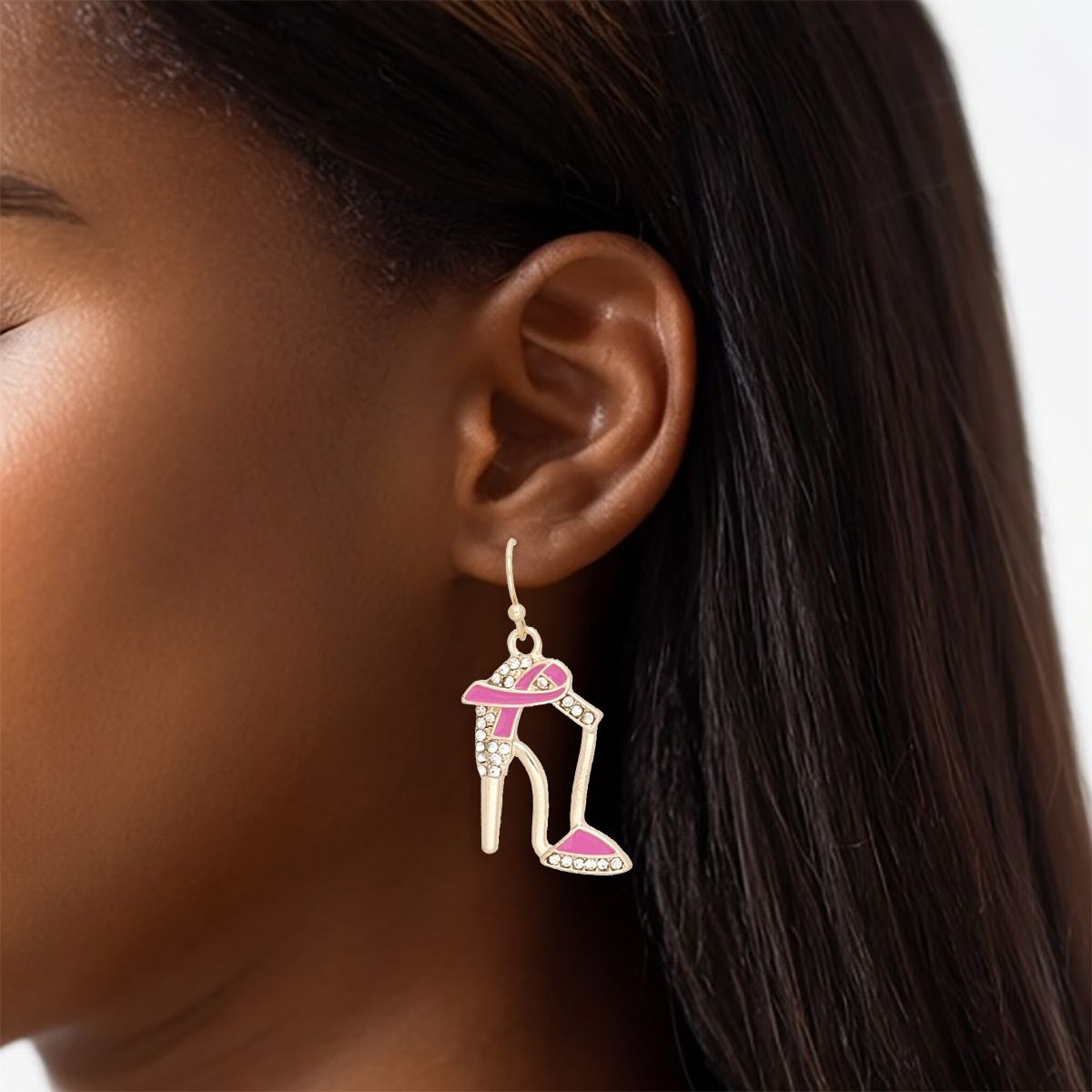 Breast Cancer Fish Hook Gold Heel Ribbon Earrings