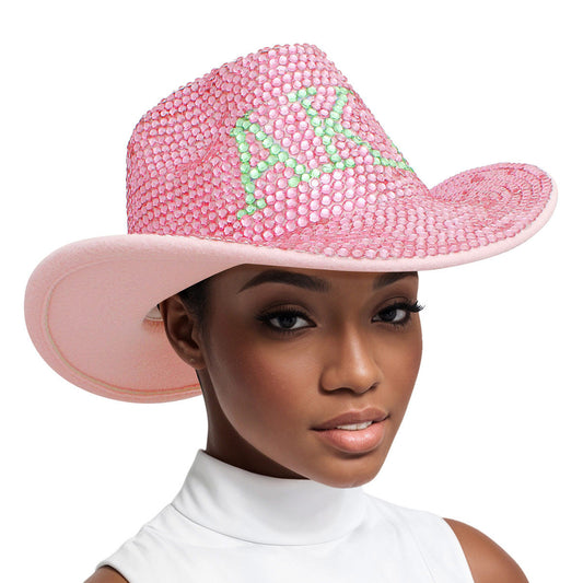 AKA Sorority Pink Green Rhinestone Fedora Hat