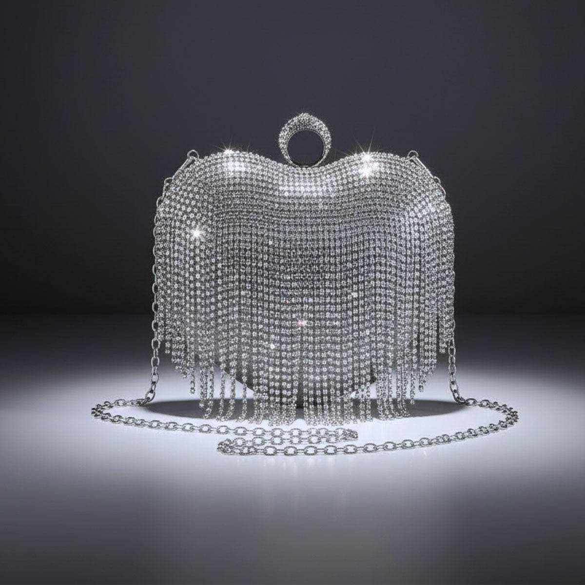 Clutch Silver Rhinestone Fringe Heart Hardcase Bag