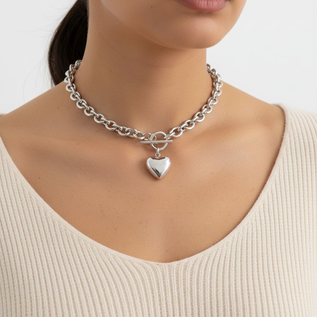 Silver Steel Toggle Heart Rolo Chain Necklace
