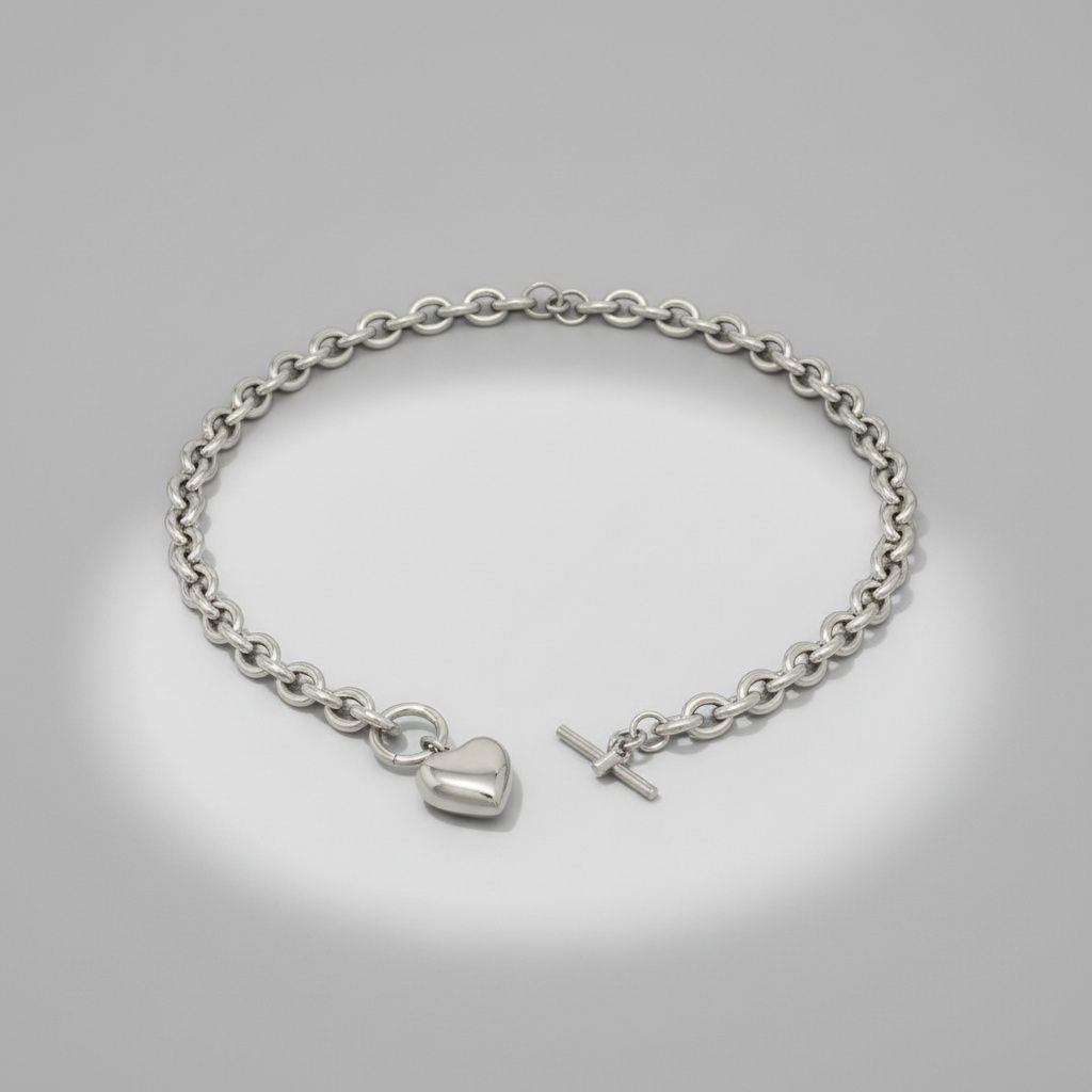 Silver Steel Toggle Heart Rolo Chain Necklace