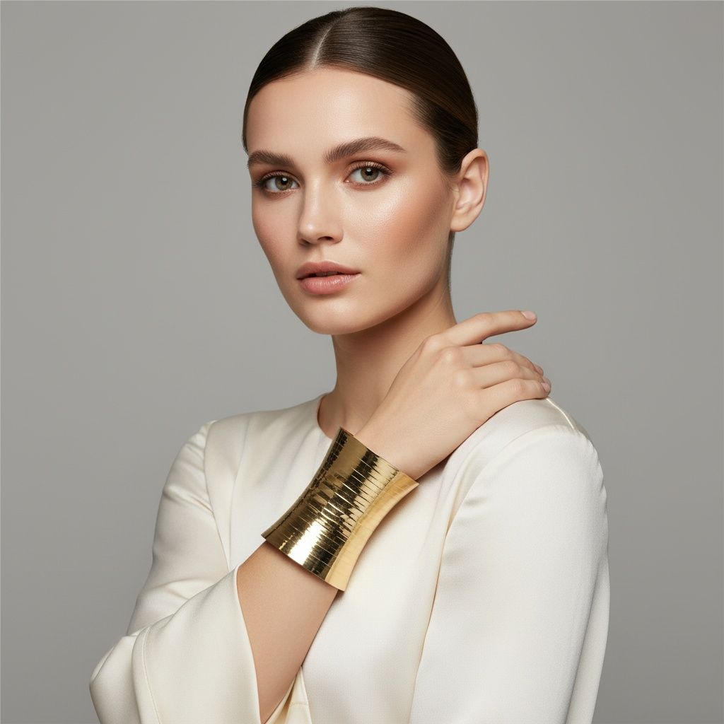 Long Cuff Gold Metal Stripe Embossed Bracelet