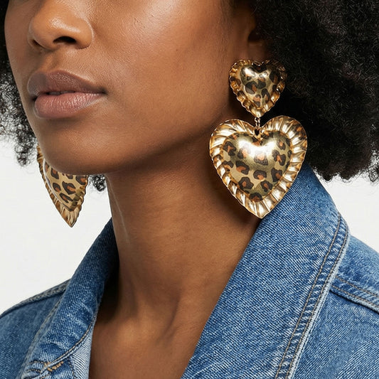 Drop Jungle Chic Puffed Heart Leopard Earrings
