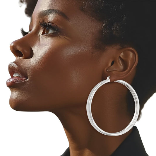 Hoop Silver Modern Flat Metal Wide Design Earrings