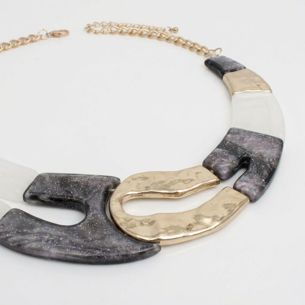 Vintage Marbled Black White Resin Bib Necklace