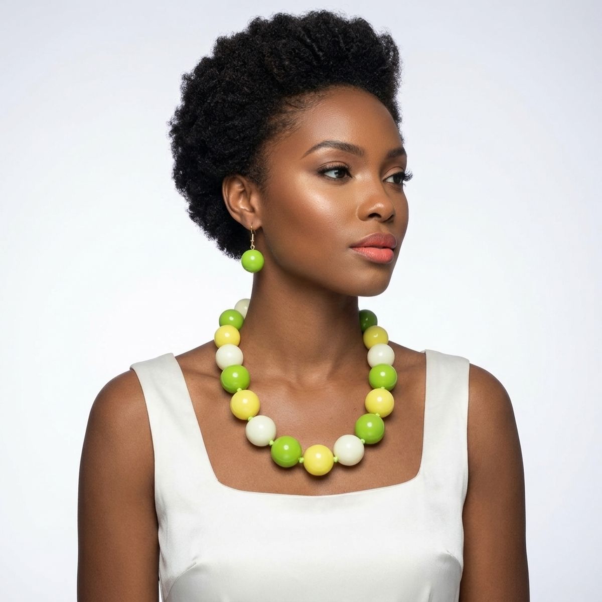Mod Style Tricolor Green Tone Chunky Bead Necklace