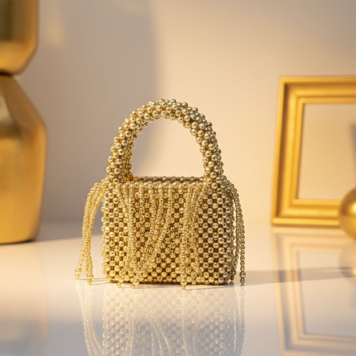 Top Handle Gold Bead Woven Mini Fringe Handbag