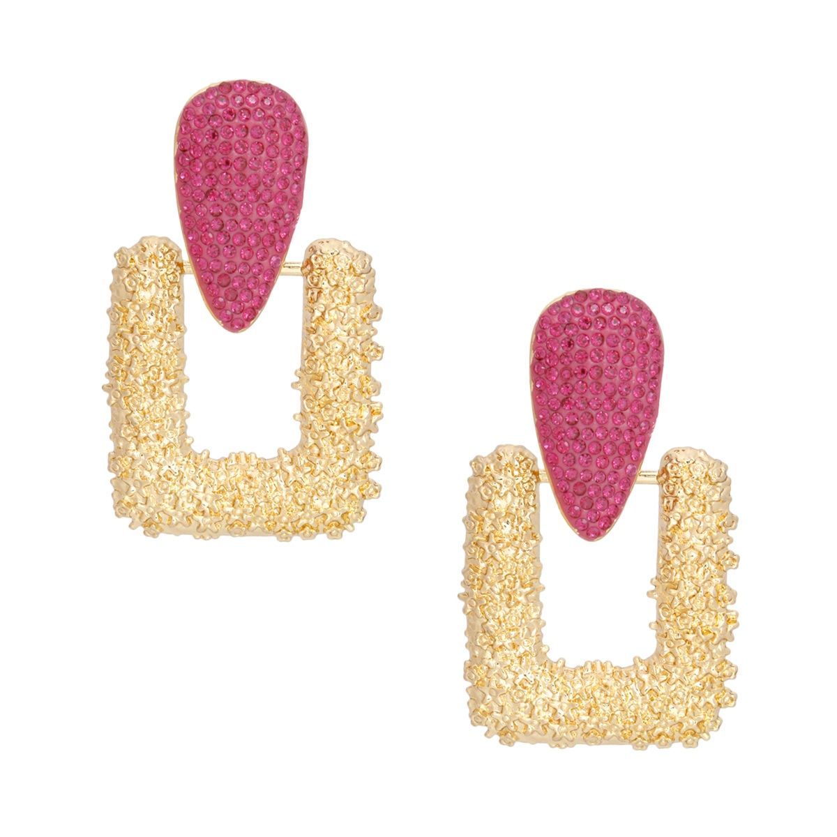 Drop Edgy Fuchsia Stone Hinge Gold Square Earrings