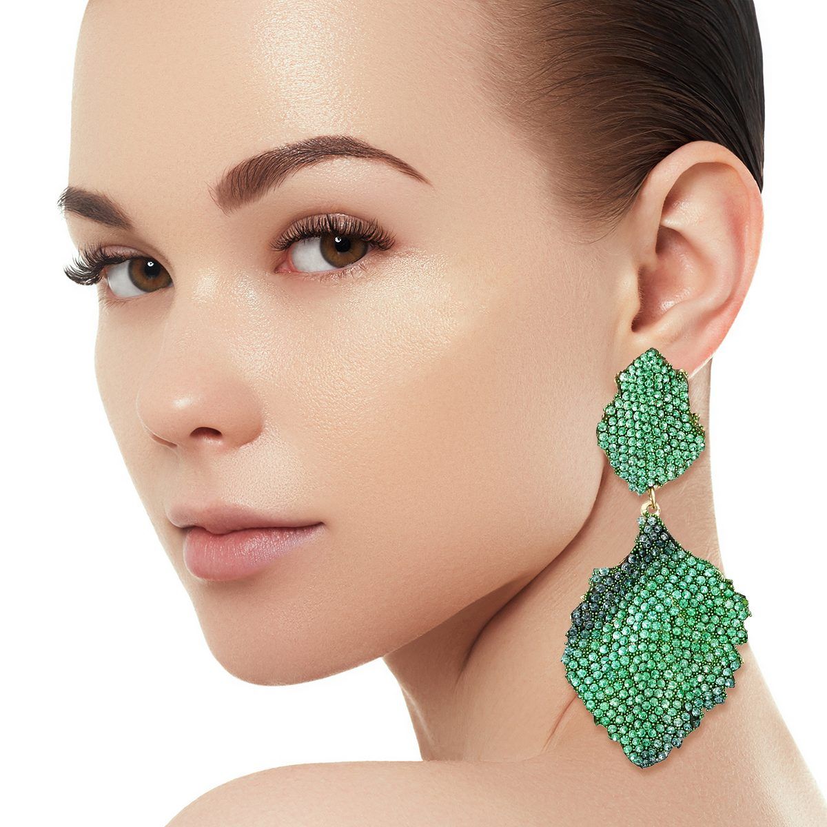 Drop Brilliant Green Pave Stone Petal Earrings