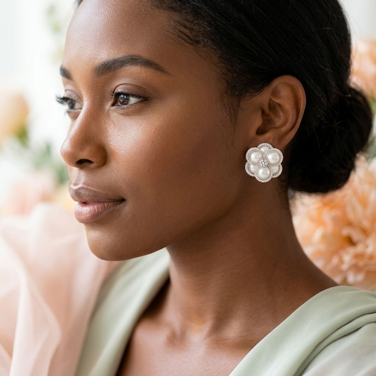 Clip on Silver Stacked Pearl Dome Pave Earrings