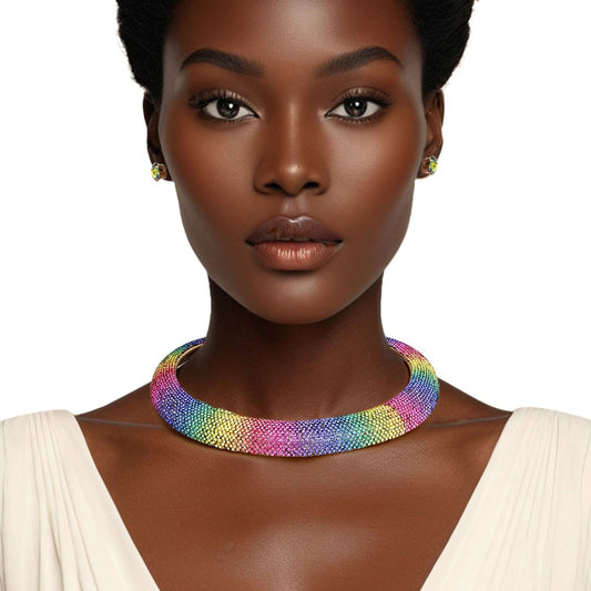 Collar Pave Rainbow Stone Torque Necklace Women