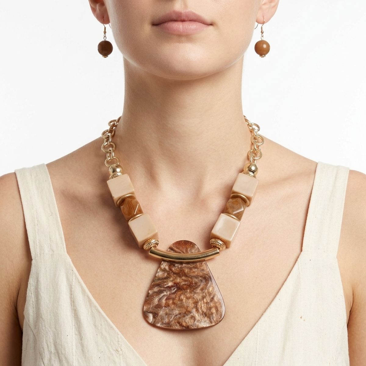 Brown Geometric Pendant Marbled Modern Necklace