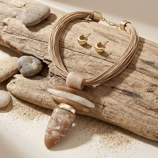 Light Brown Marbled Horn Pendant Cord Necklace
