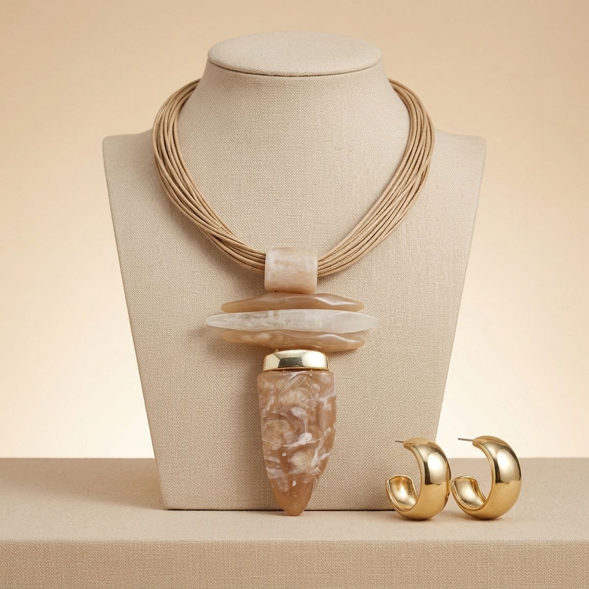 Light Brown Marbled Horn Pendant Cord Necklace