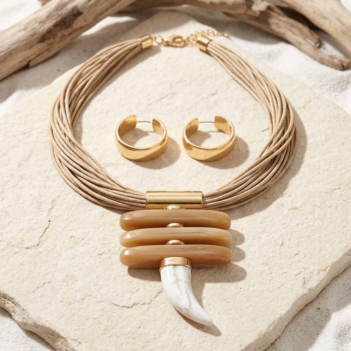 Light Brown Marbled Horn Pendant Cord Necklace