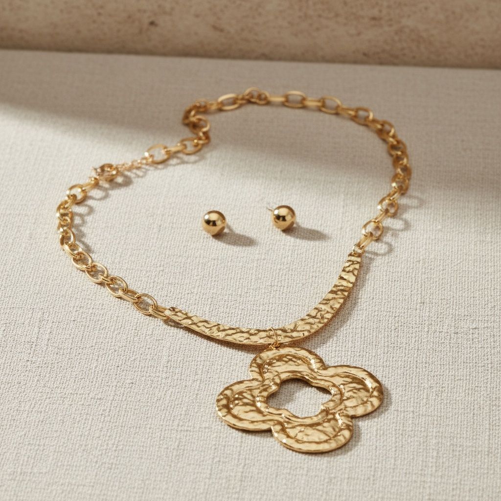 Chunky Pendant Gold Hammered Quatrefoil Necklace