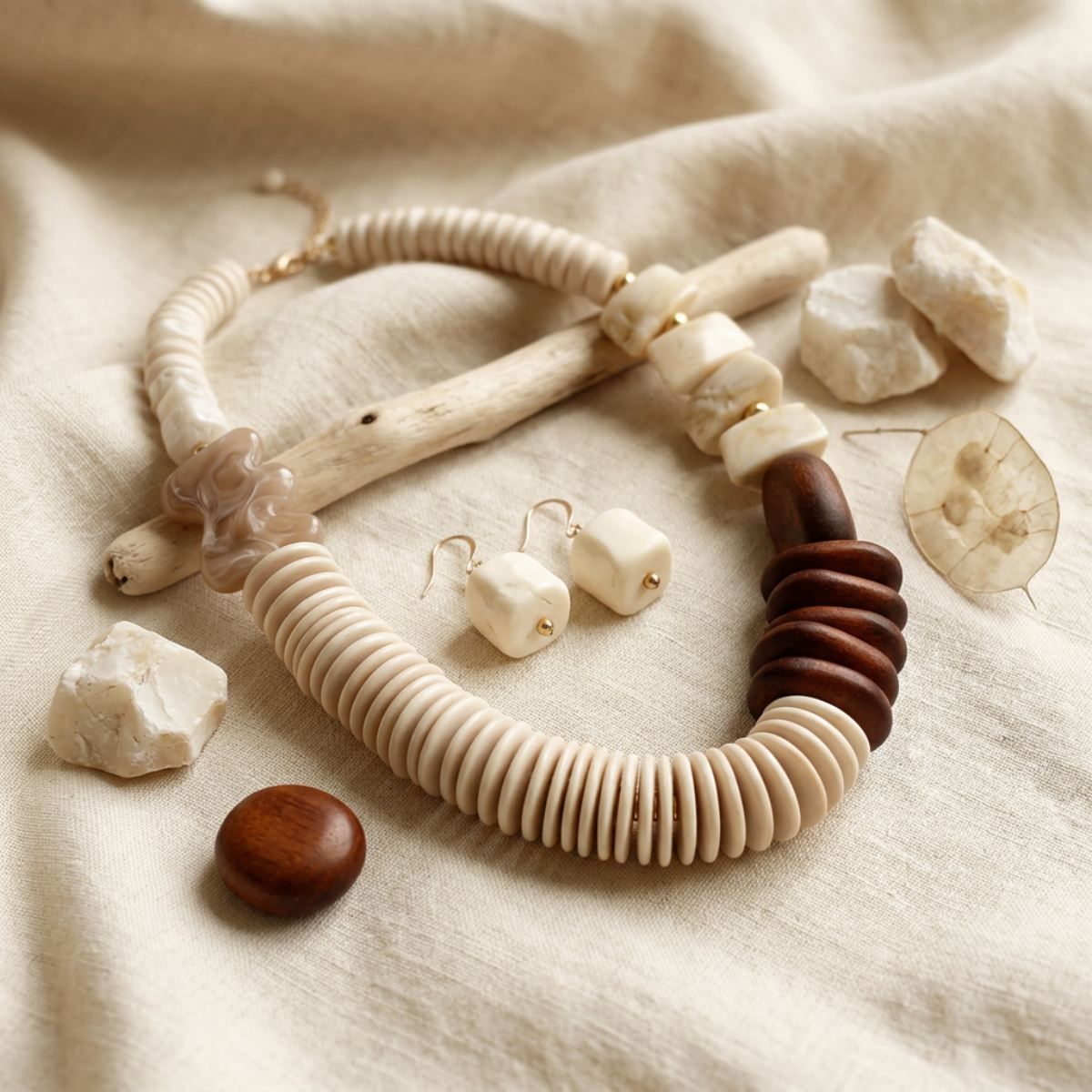 Tribal Asymmetrical Ivory and Wood Bead Necklace