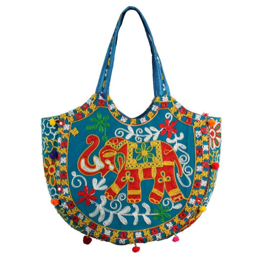 Blue Embroidered Elephant Tote