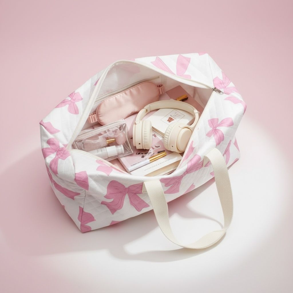Travel Bag White Quilted Pretty Pink Bow Duffel