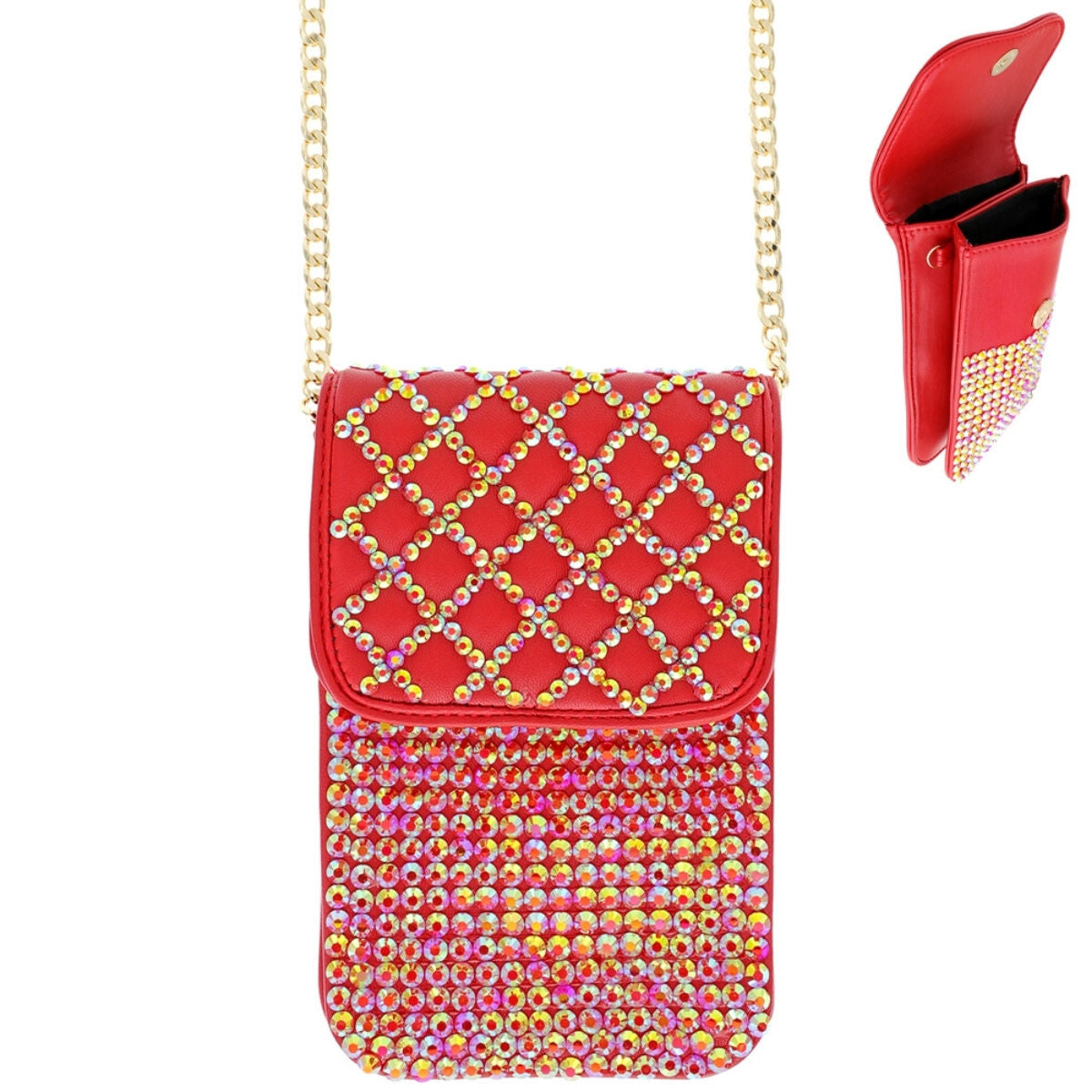 Red Quilted Rhinestone Cellphone Bag