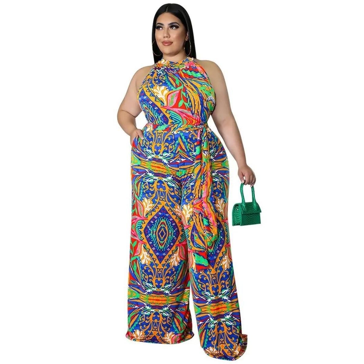 Blue 4XL Paisley Halter Jumpsuit