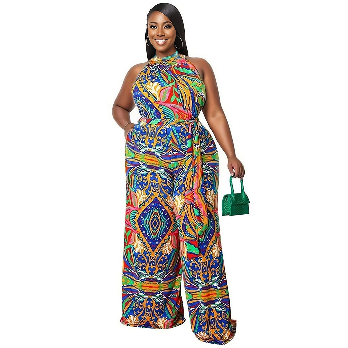 Blue 4XL Paisley Halter Jumpsuit